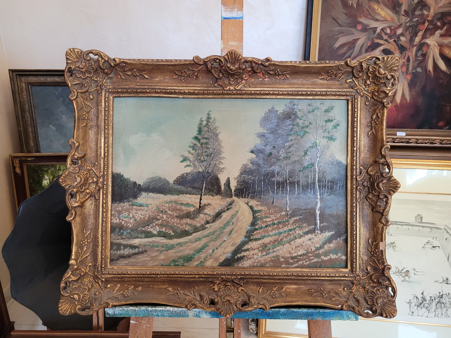 Ölgemälde (XX Century) Frühlingslandschaft mit Waldweg 50x67cm