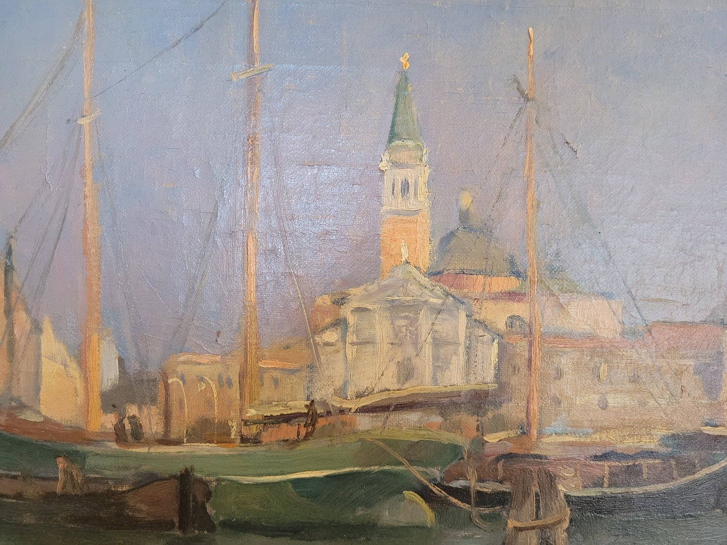 Europäische Schule (XX) Ölgemälde Handsigniert Blick auf Venedig 55x72cm