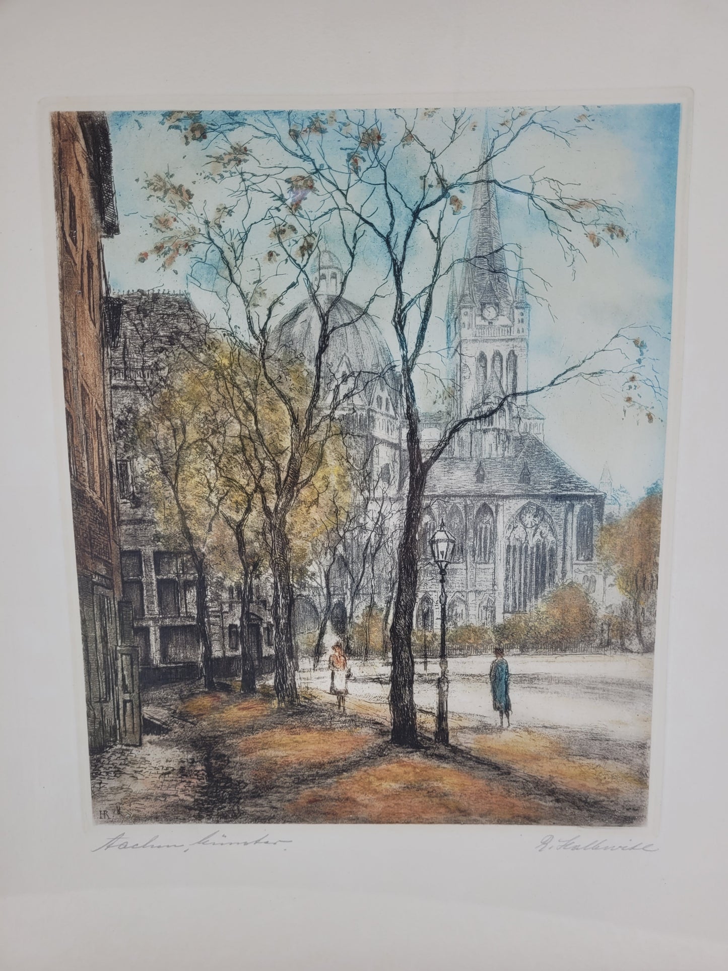 Deutsche Schule (XX) Original Farbradierung Herbsttag mit Kirche