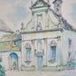 Grafik hinter Glas, Ansicht Dorfkirche in warmen Pastellfarben