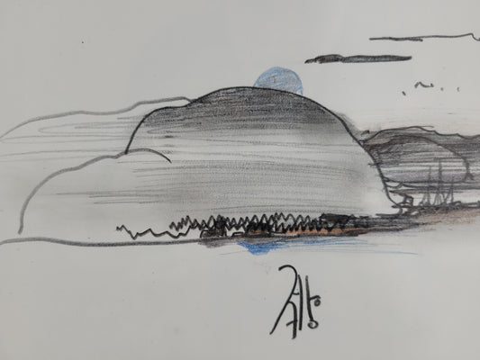 Monogrammierte Farbskizze, Landschaft auf Papier 22x32cm