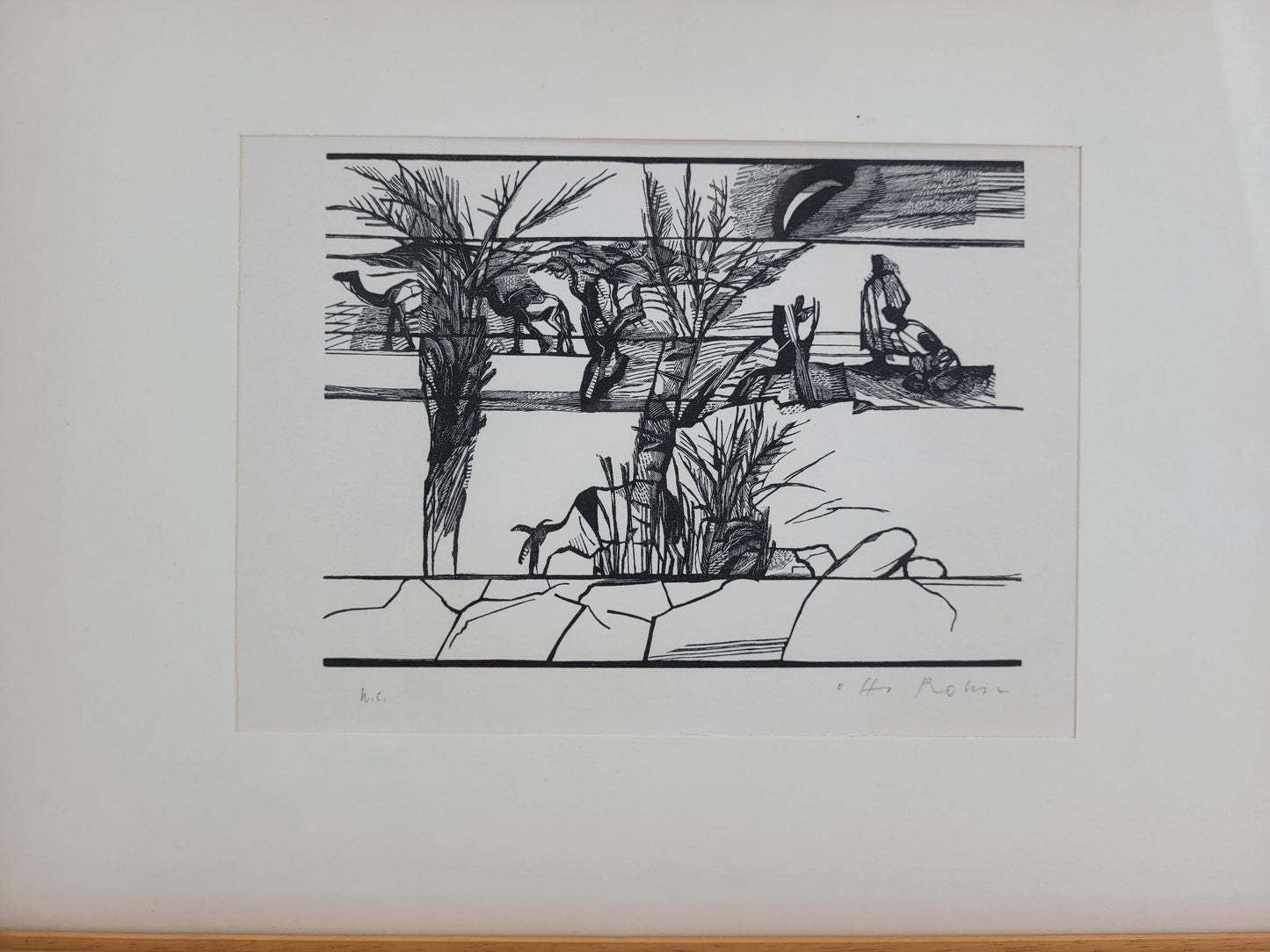 Original Holzschnitt, H.C. Künstlerabzug Handsigniert Oase in der Wüste