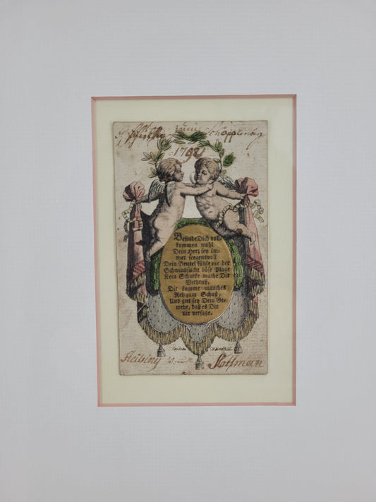 Grafik Farbdruck Grußkarte aus 1788 mit Puttenengeln