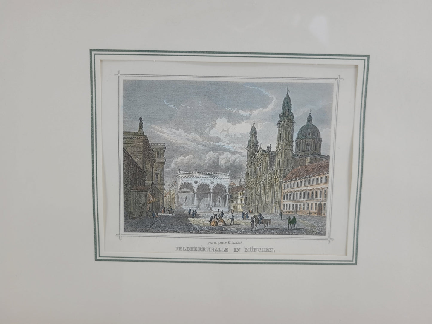 Kolorierter Stich Feldherrnhalle, Theatinerkirche und Residenz München