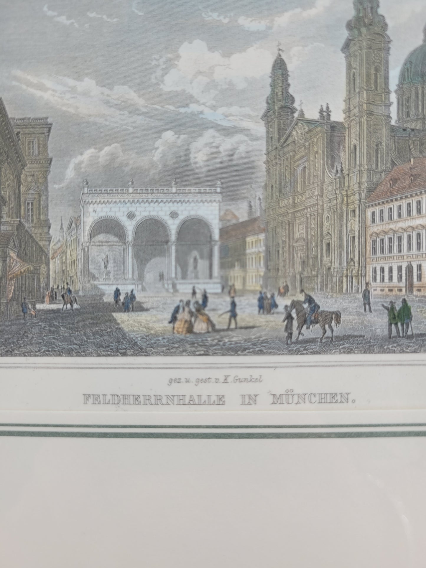 Kolorierter Stich Feldherrnhalle, Theatinerkirche und Residenz München