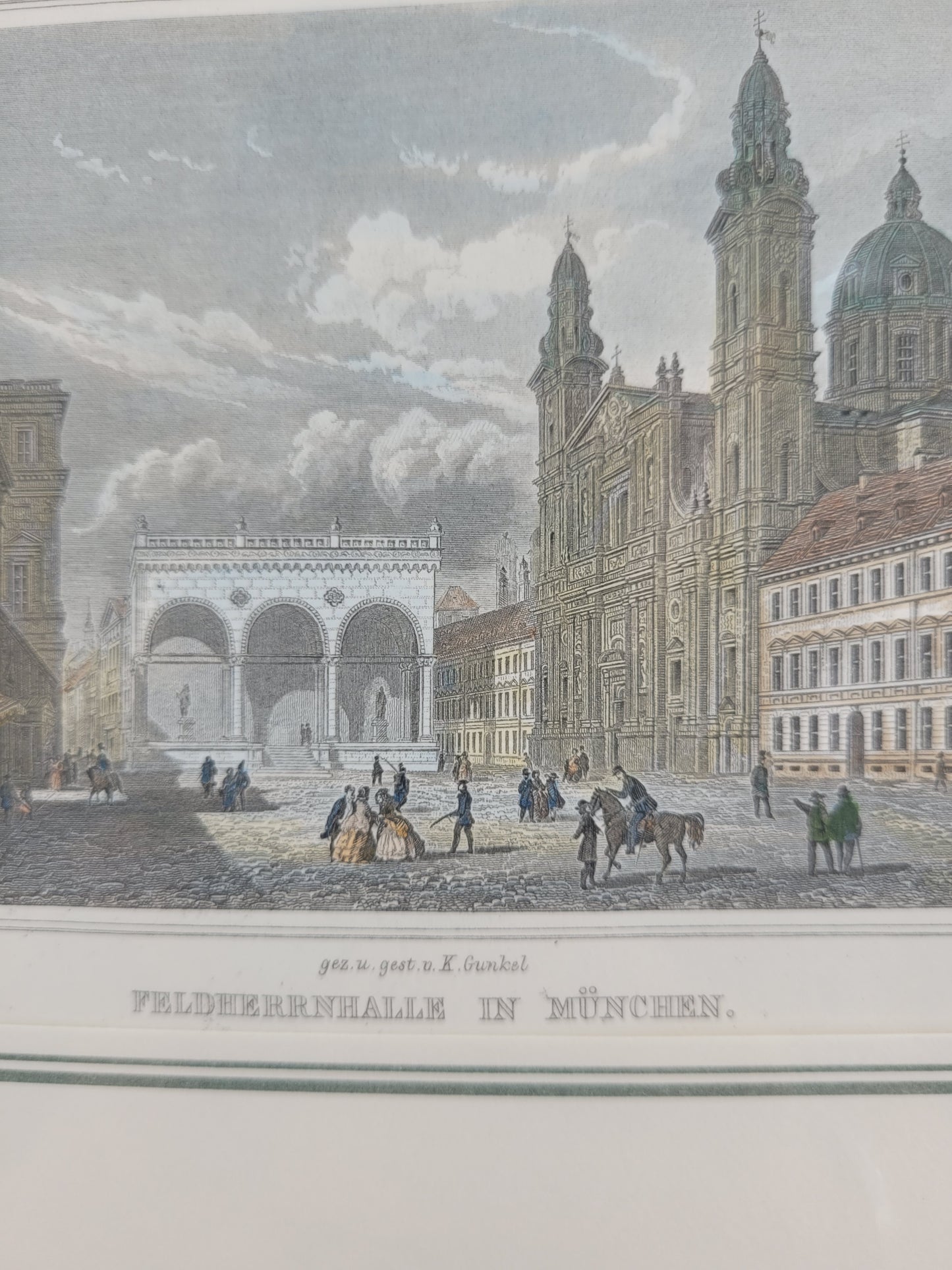 Kolorierter Stich Feldherrnhalle, Theatinerkirche und Residenz München