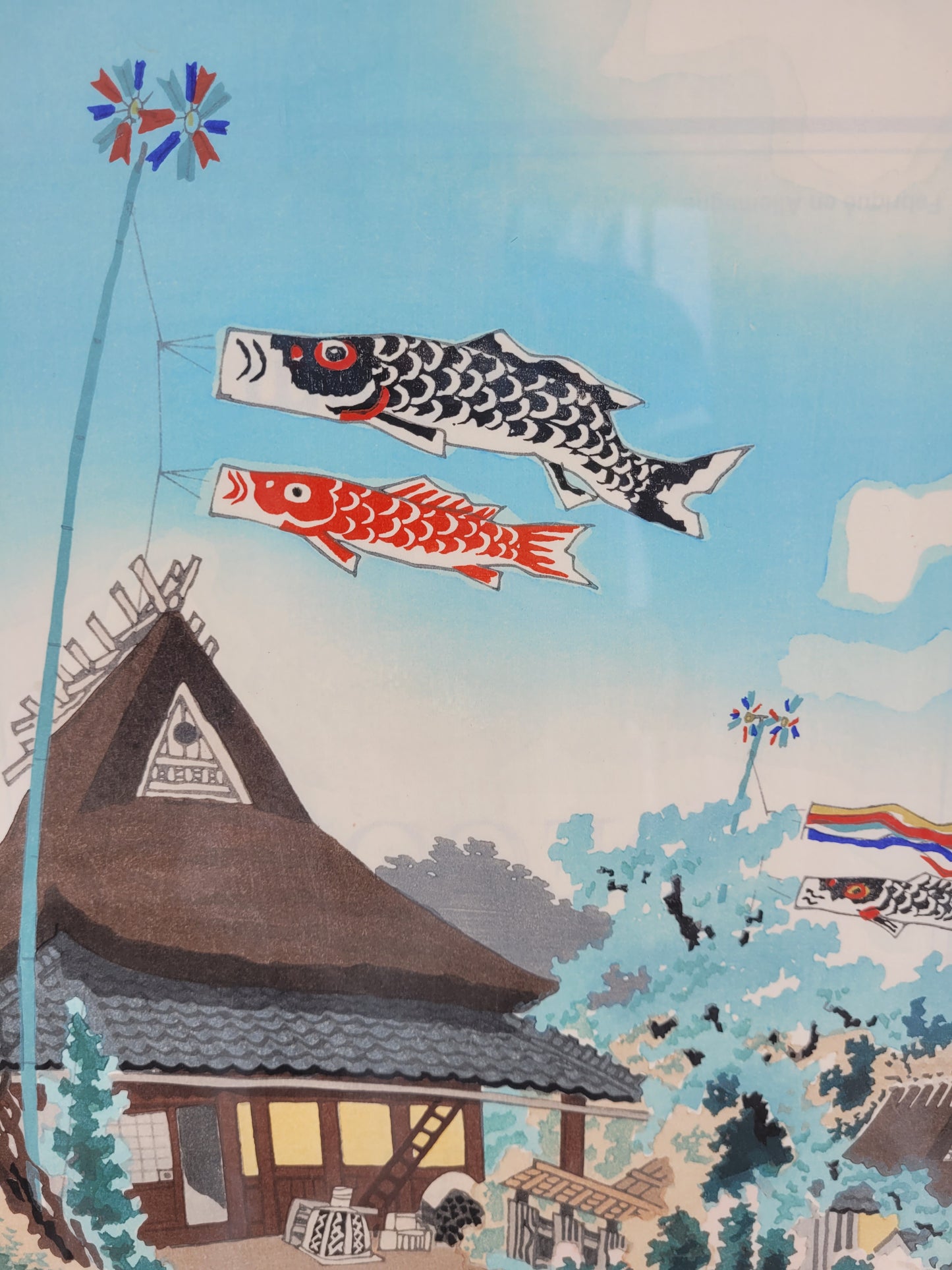 Kotozuka Eiichi (1906-1981) Farbholzschnitt Koinobori Fischfahnen im Mai