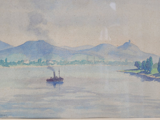 Thomas (XX) Aquarell Malerei,Landschaft mit See und Bergen