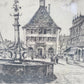 Original Radierung (XIX-XX) Marktplatz, Brunnen und Fachwerkhaus Handsigniert