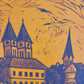 Einfarbiger Farbholzschnitt, Blick auf die Kirche im Dorf Handsigniert 42x32cm