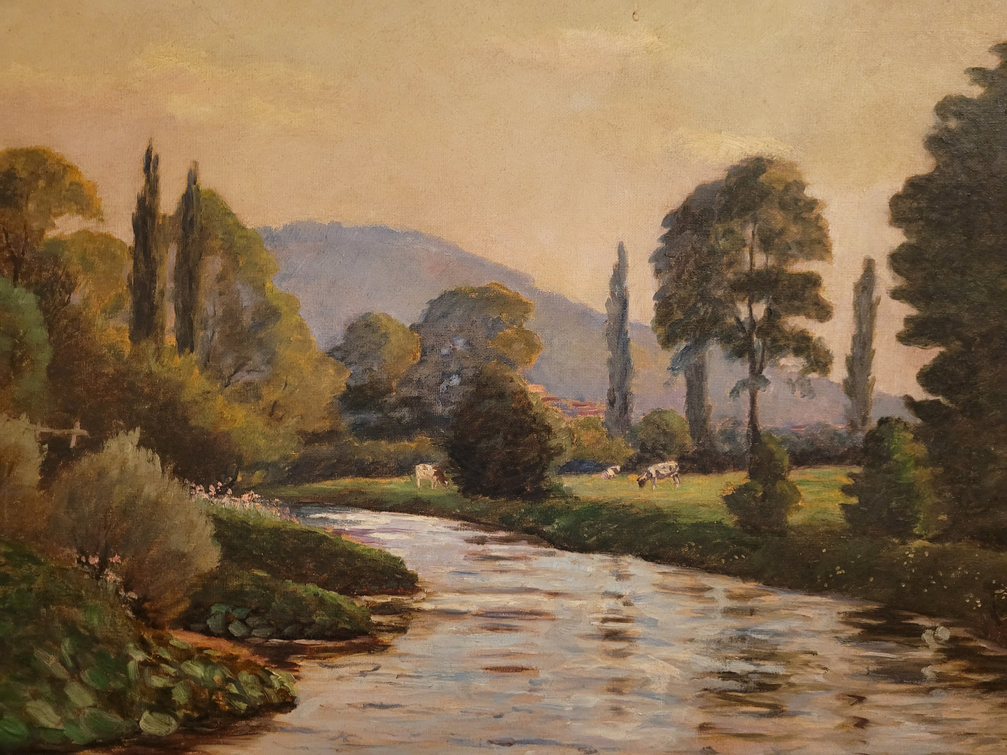 Deutsche Schule (XX) Ölgemälde Landschaft mit Fluss und Kühen 90x110cm