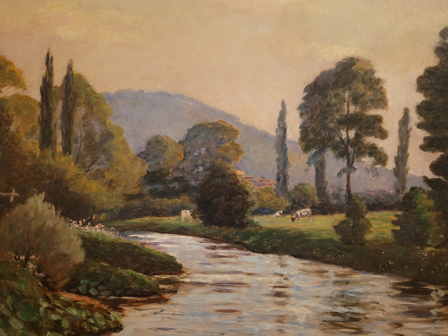 Deutsche Schule (XX) Ölgemälde Landschaft mit Fluss und Kühen 90x110cm