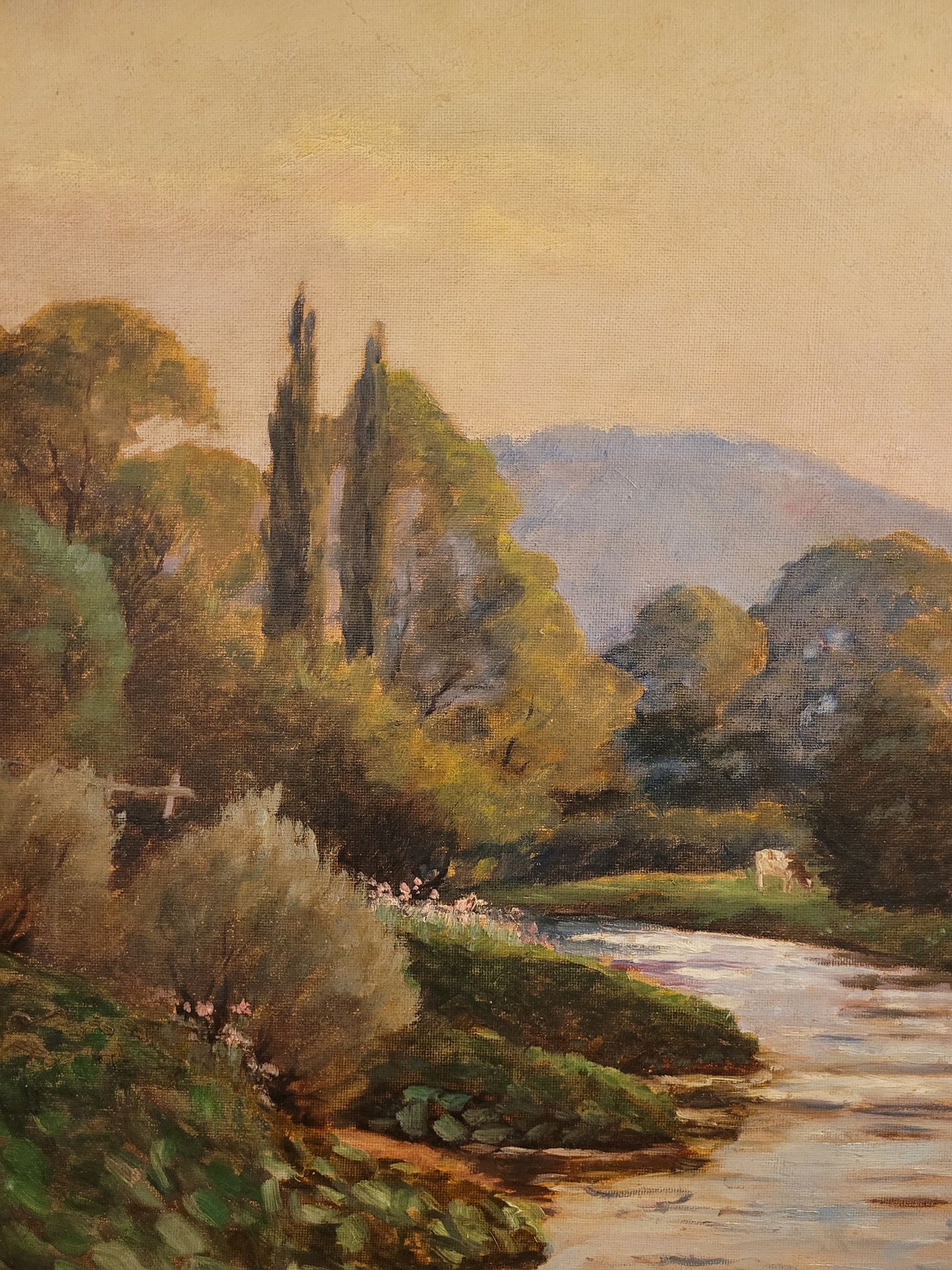 Deutsche Schule (XX) Ölgemälde Landschaft mit Fluss und Kühen 90x110cm