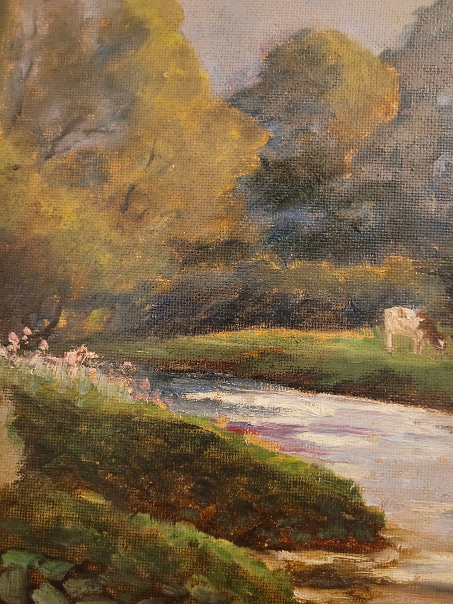 Deutsche Schule (XX) Ölgemälde Landschaft mit Fluss und Kühen 90x110cm