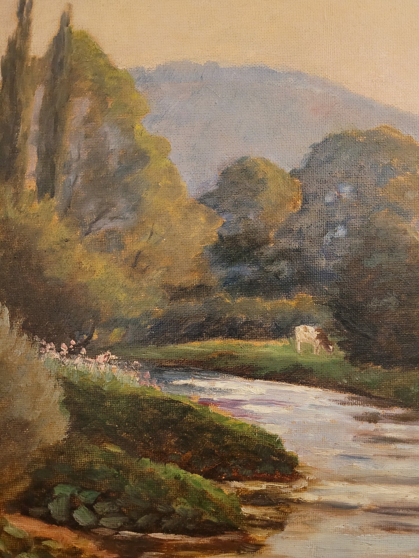 Deutsche Schule (XX) Ölgemälde Landschaft mit Fluss und Kühen 90x110cm