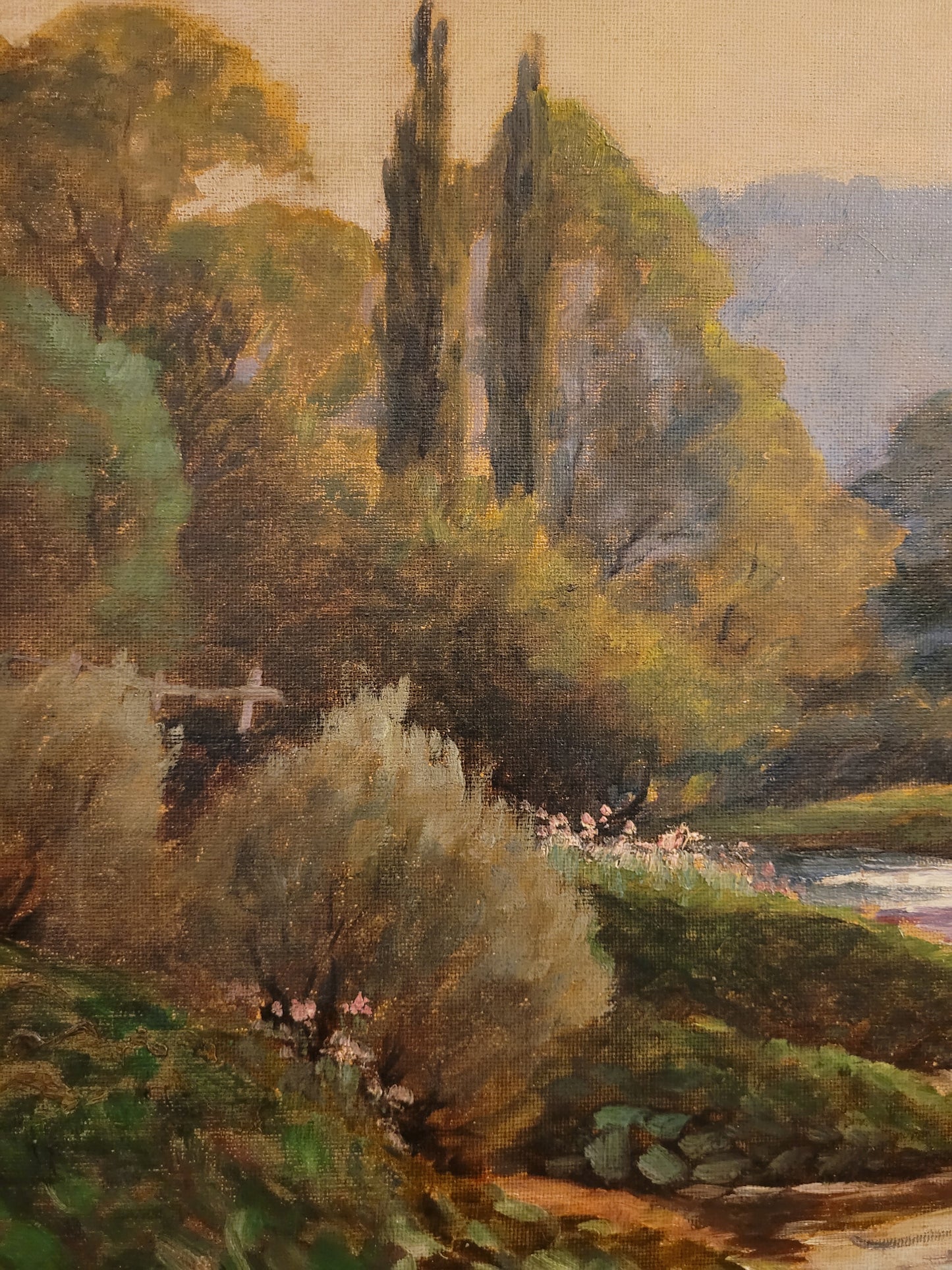 Deutsche Schule (XX) Ölgemälde Landschaft mit Fluss und Kühen 90x110cm