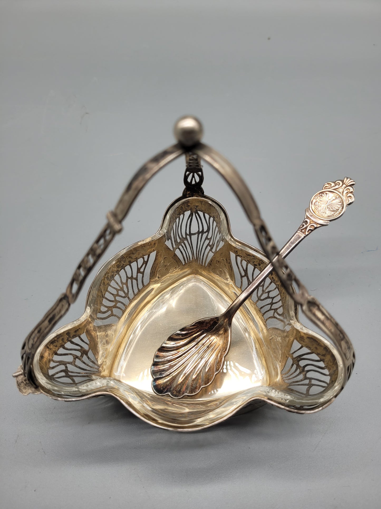 Art Nouveau Jugendstil 800er Silberschale mit Löffel und Halterung
