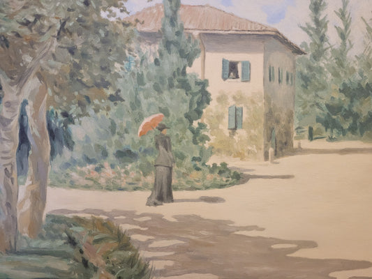 Nach Giovanni Muzzioli (1854-1894) Ölgemälde Roter Schirm 45x55cm