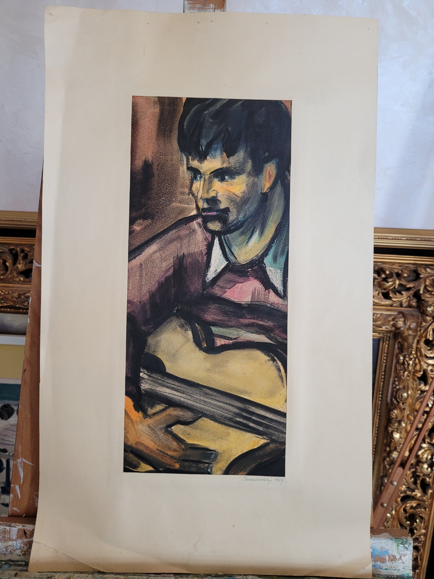 Moderne kraftvolle Grafik Lithographie (XX) Mann mit Gitarre Handsigniert