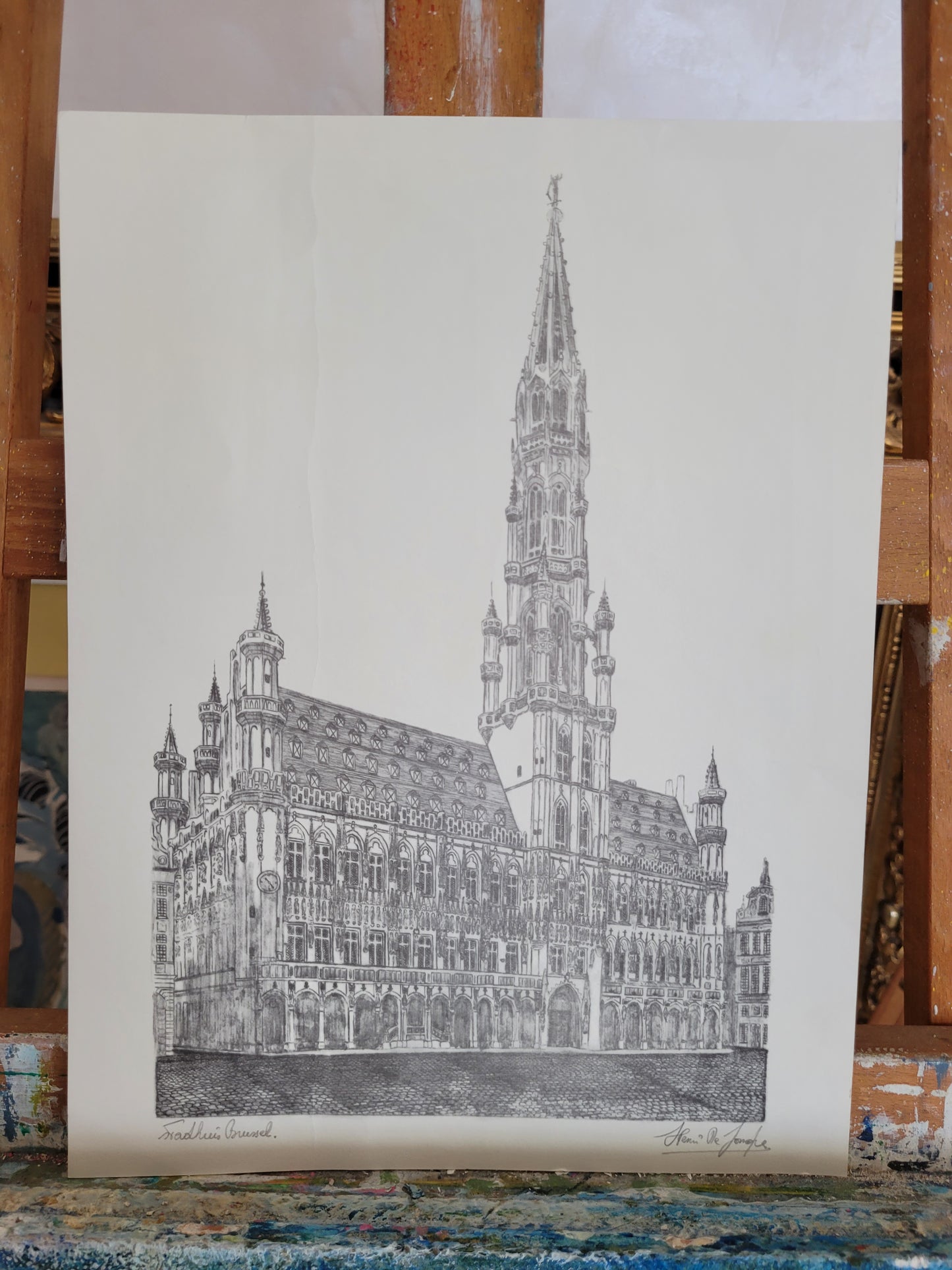 Original Radierung des Rathauses in Brüssel, Handsigniert unten Rechts