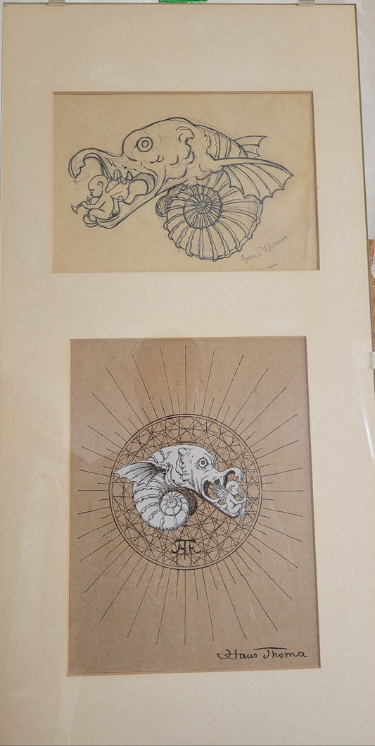 Hans Thoma Radierung Geflügeltes Schneckenfabelwesen mit Putto