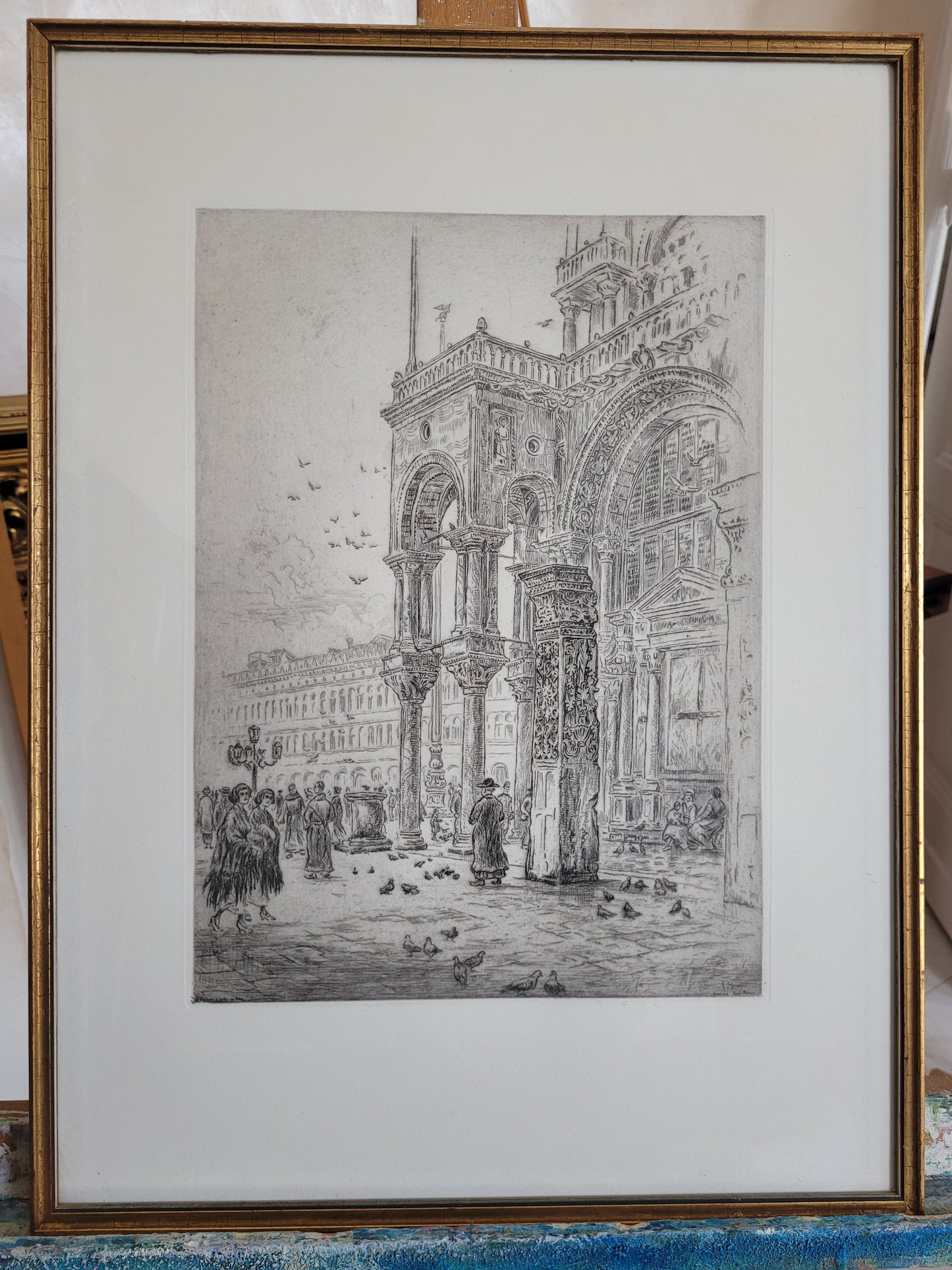 Original Lithographie, Rathaus mit belebtem Marktplatz 55x40cm