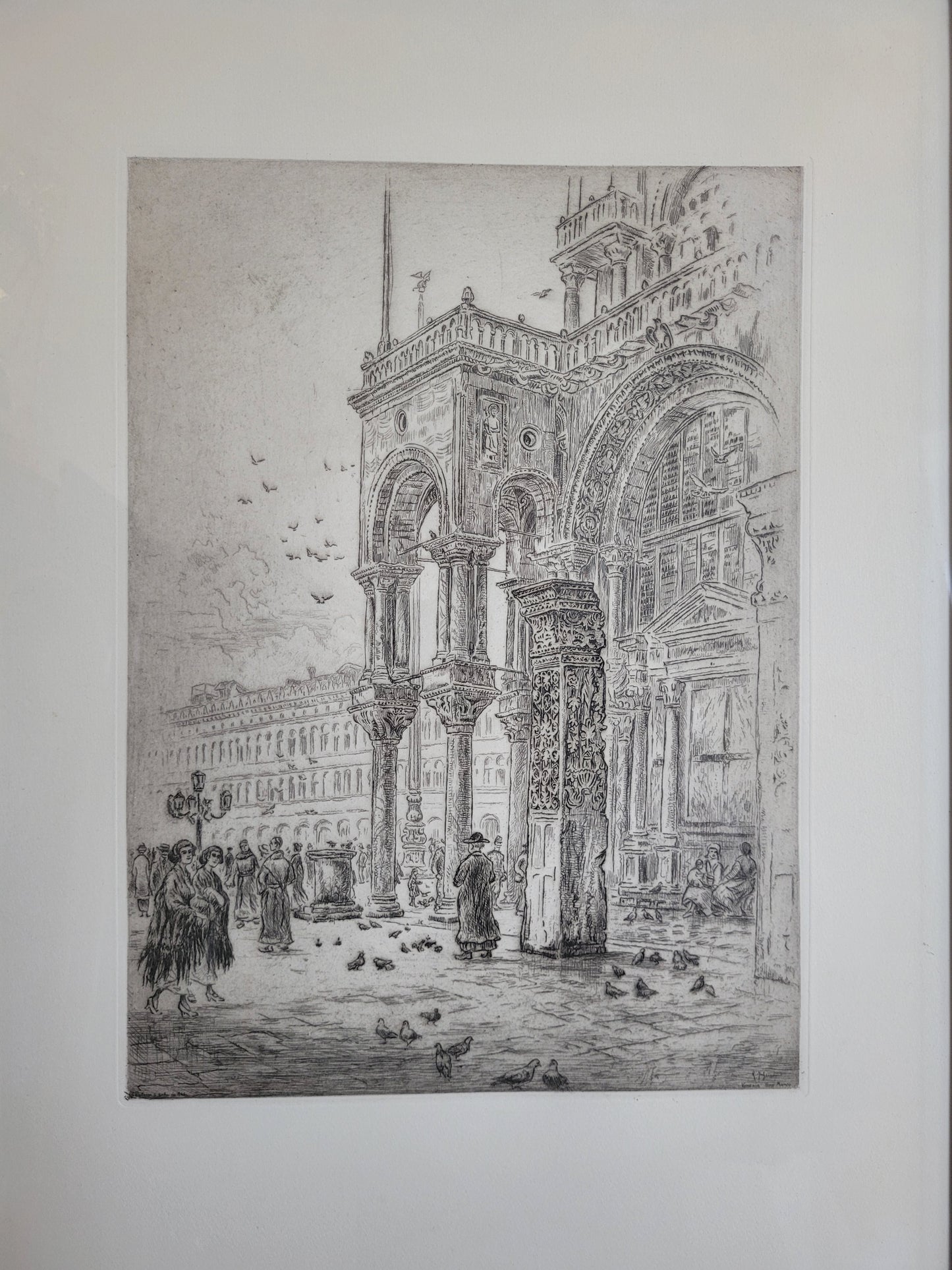 Original Lithographie, Rathaus mit belebtem Marktplatz 55x40cm