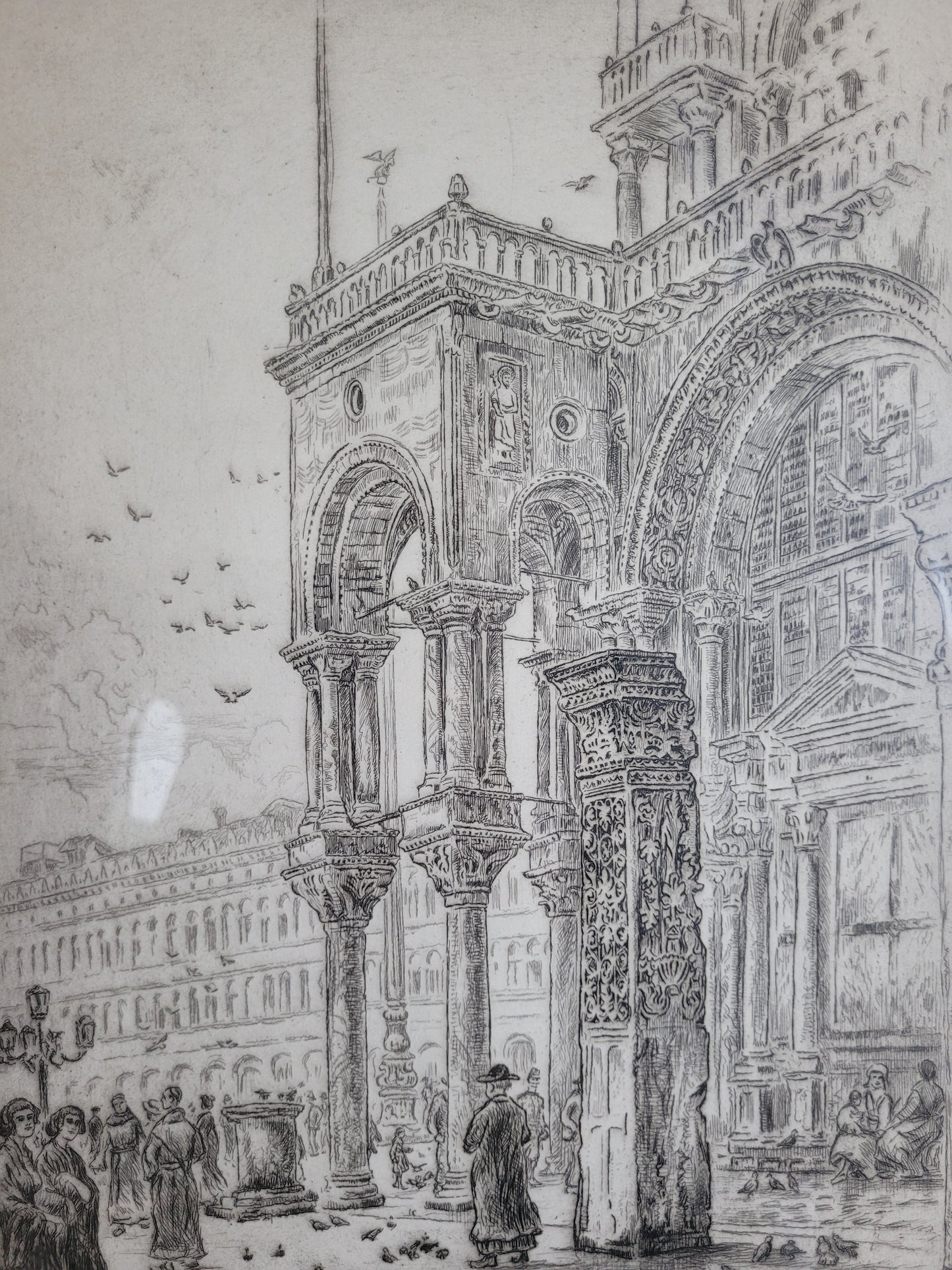 Original Lithographie, Rathaus mit belebtem Marktplatz 55x40cm