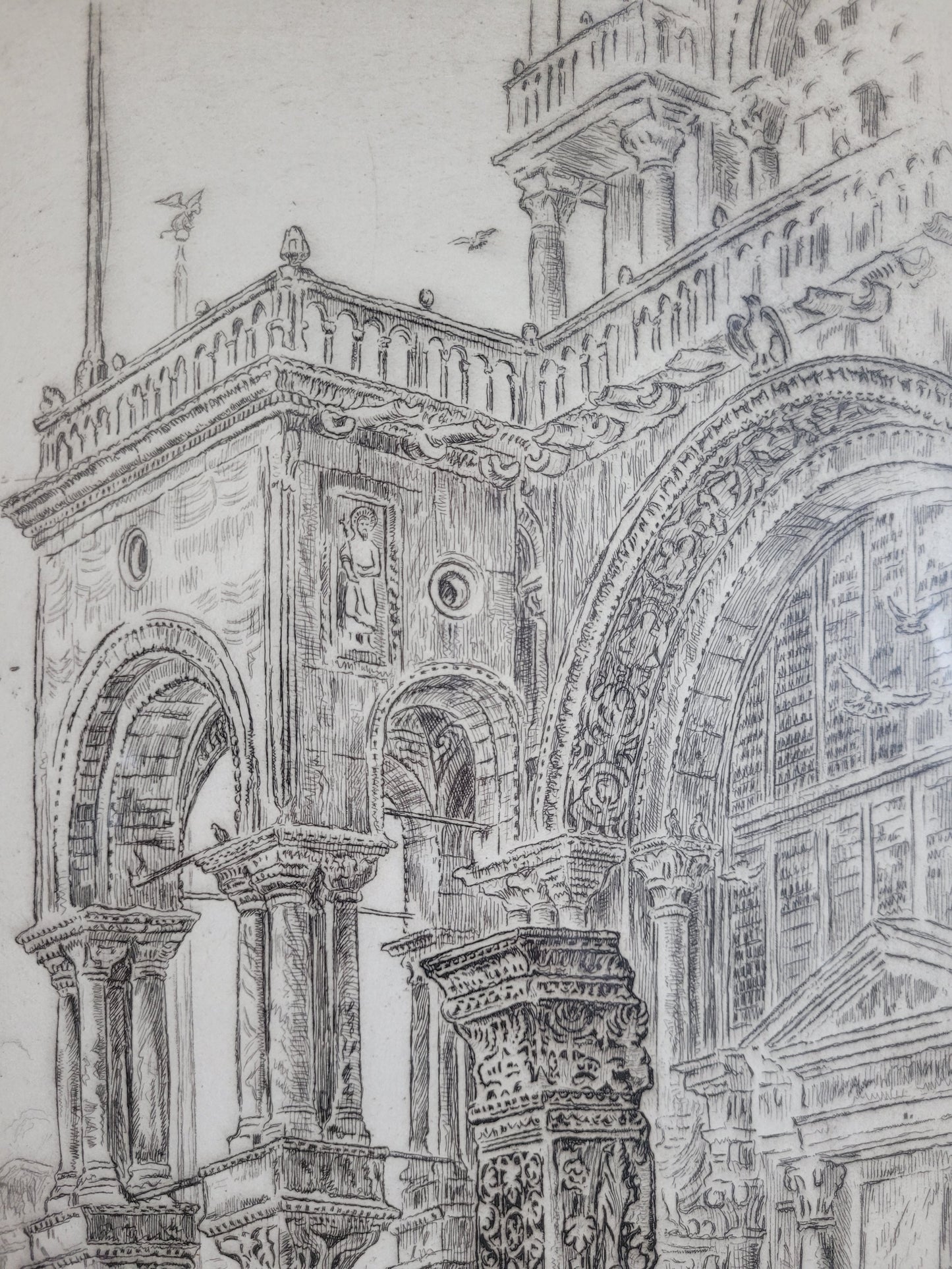 Original Lithographie, Rathaus mit belebtem Marktplatz 55x40cm