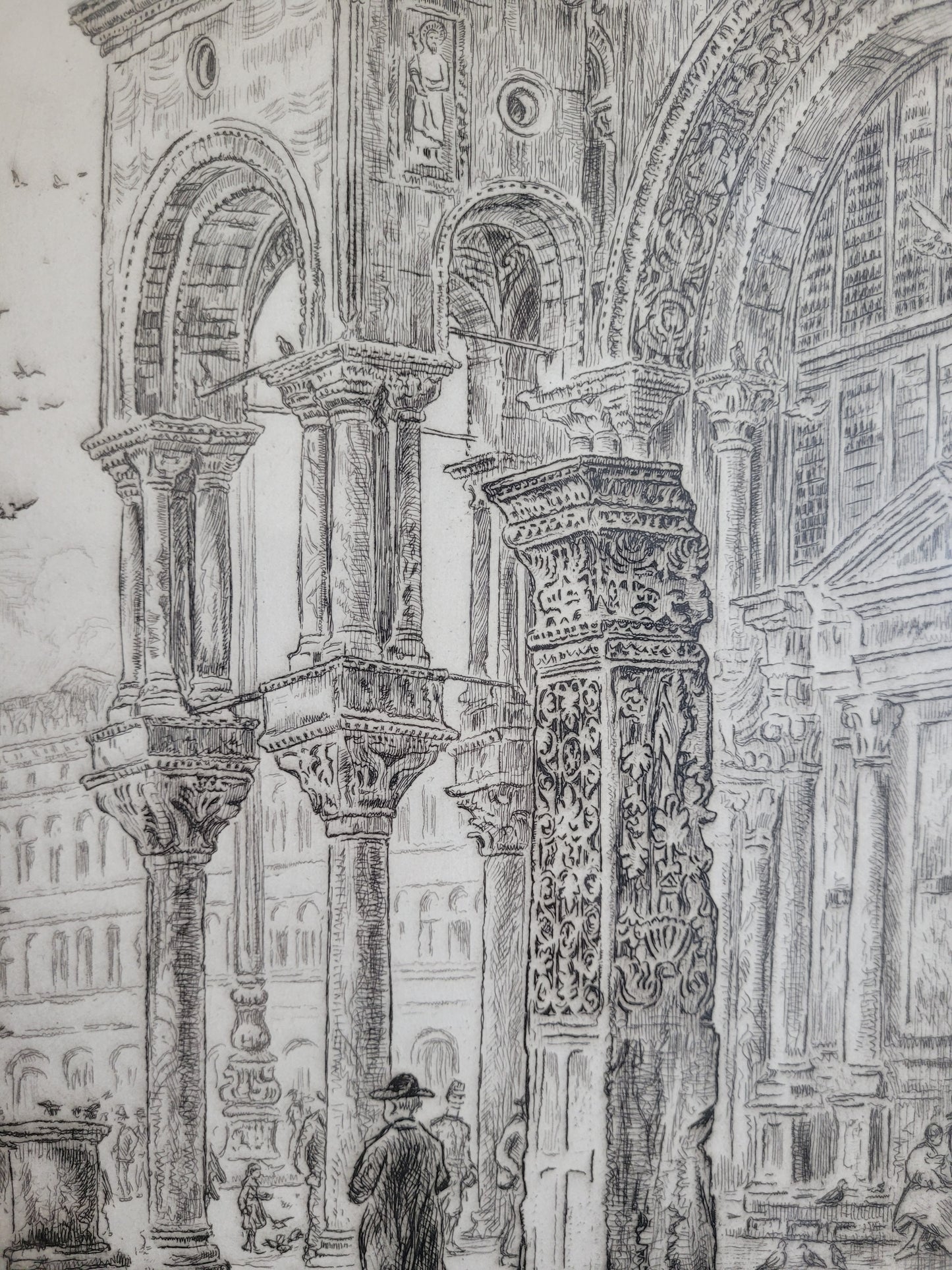 Original Lithographie, Rathaus mit belebtem Marktplatz 55x40cm