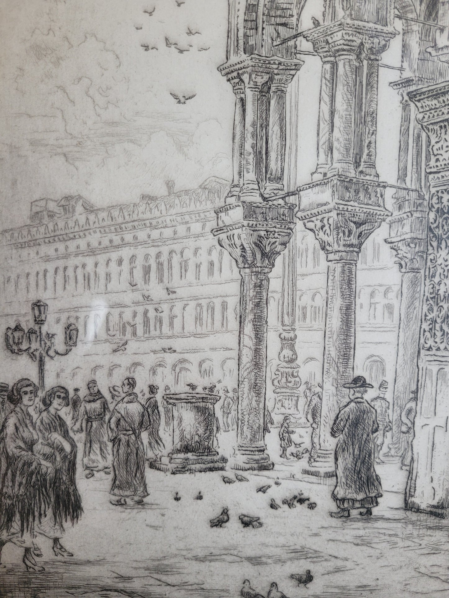 Original Lithographie, Rathaus mit belebtem Marktplatz 55x40cm