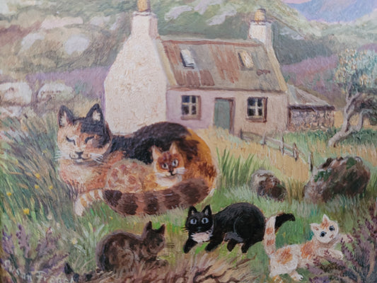 Susan French (1912-?) Ölgemälde Naive Malerei Katzenfamilie 20x22cm