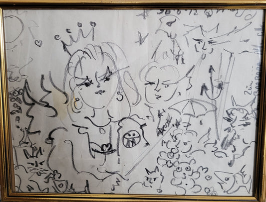 Expressive Zeichnung mit 2 gekrönten Frauen und abstrakten Motiven