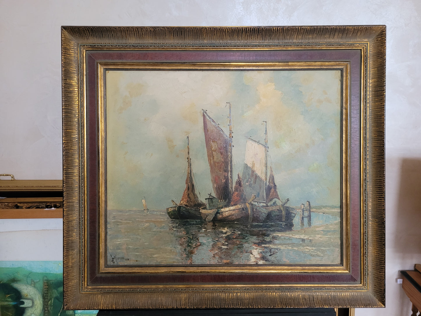 Holländische Schule (XX) Ölgemälde Fischerboote am Bootssteg 80x70cm