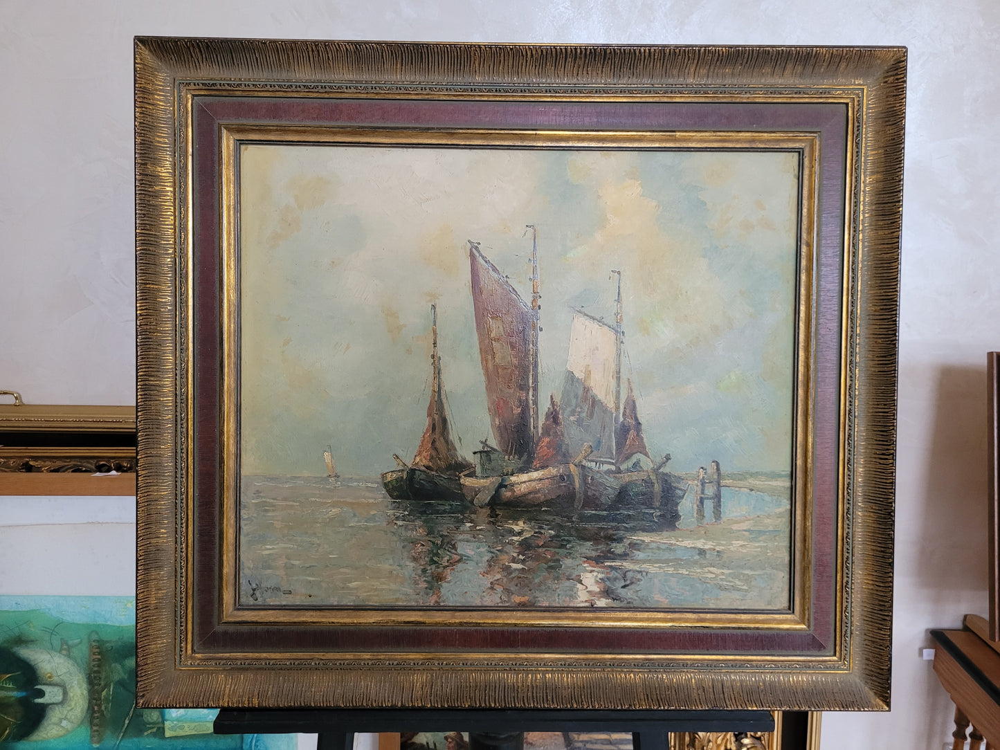 Holländische Schule (XX) Ölgemälde Fischerboote am Bootssteg 80x70cm