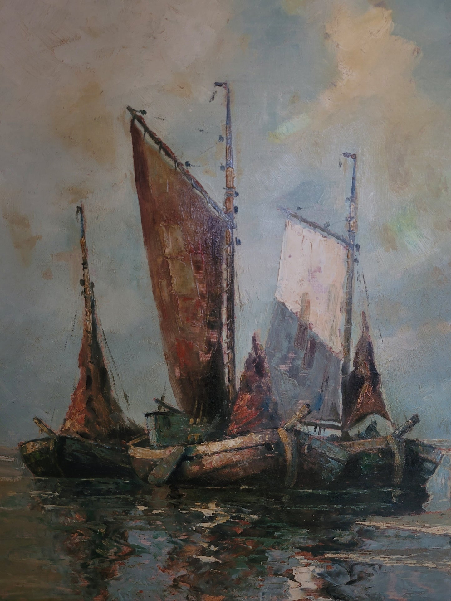 Holländische Schule (XX) Ölgemälde Fischerboote am Bootssteg 80x70cm