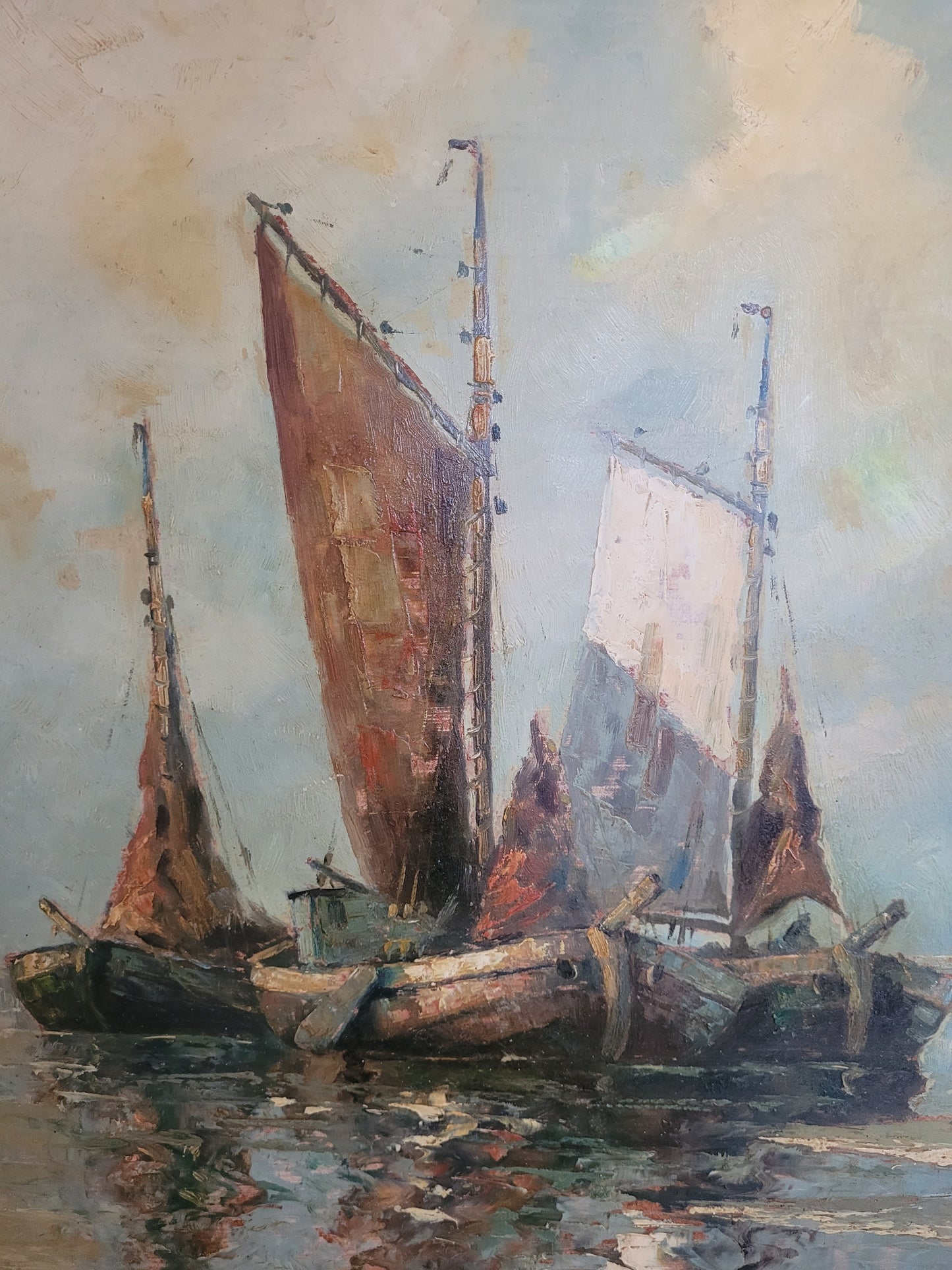 Holländische Schule (XX) Ölgemälde Fischerboote am Bootssteg 80x70cm