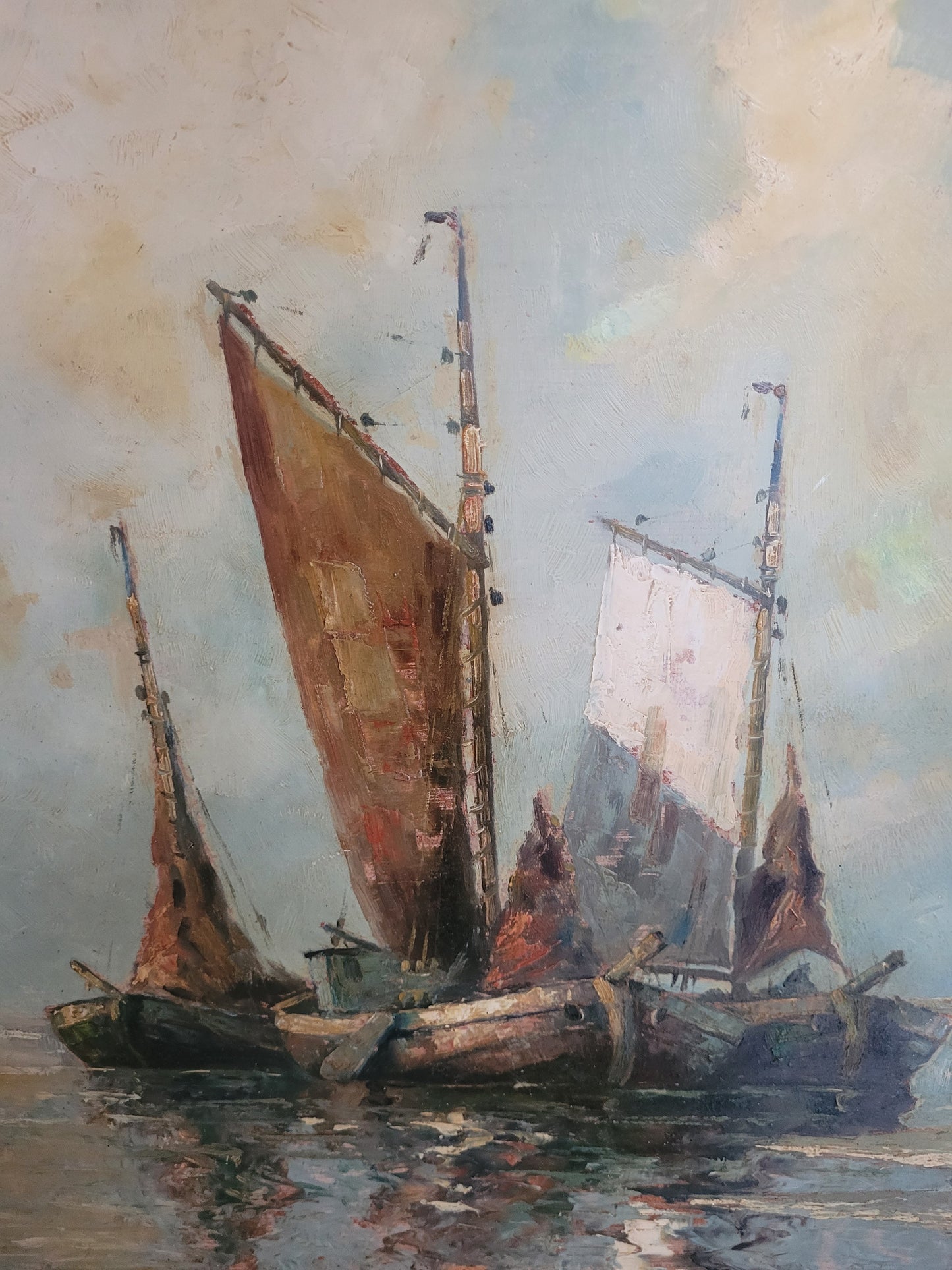 Holländische Schule (XX) Ölgemälde Fischerboote am Bootssteg 80x70cm