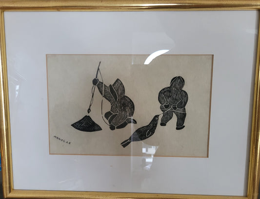 Agnes Nanogak Holzschnitt Zwei Inuit Fischer mit Seehund Fang
