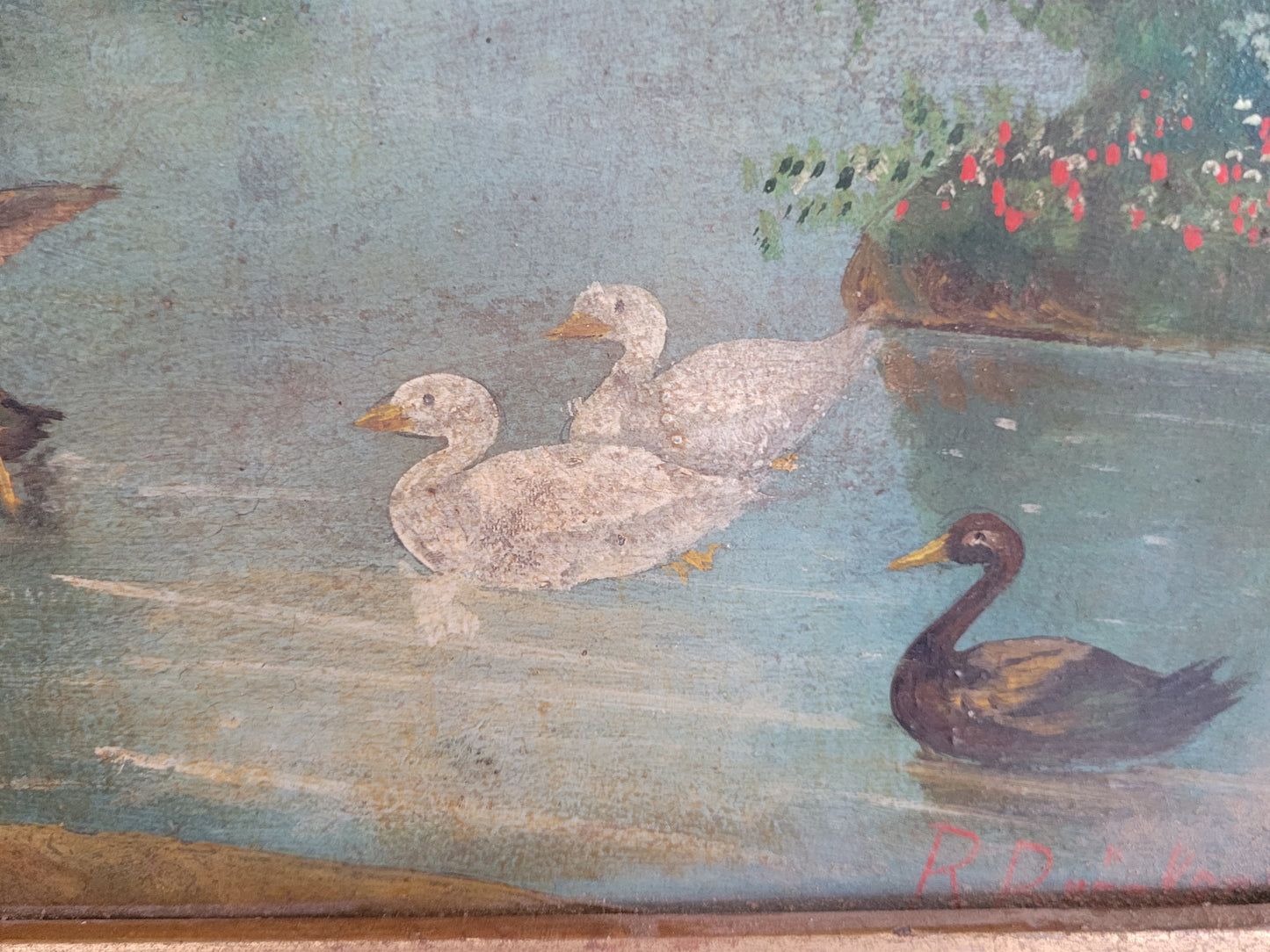 Europäische Schule (XIX-XX) Ölgemälde Märchenhafter See mit Enten