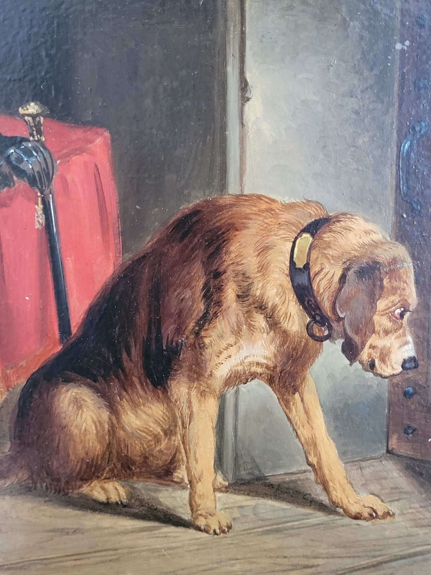 Deutsche Schule (XX) Ölgemälde Wartender Hund 33x40cm