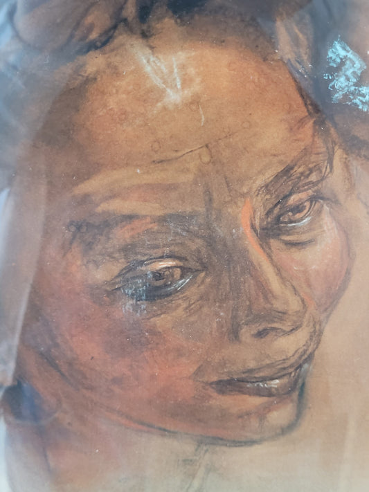 Grafik Porträt einer Frau mit starkem Gesichtsausdruck gerahmt 58 x 48 cm