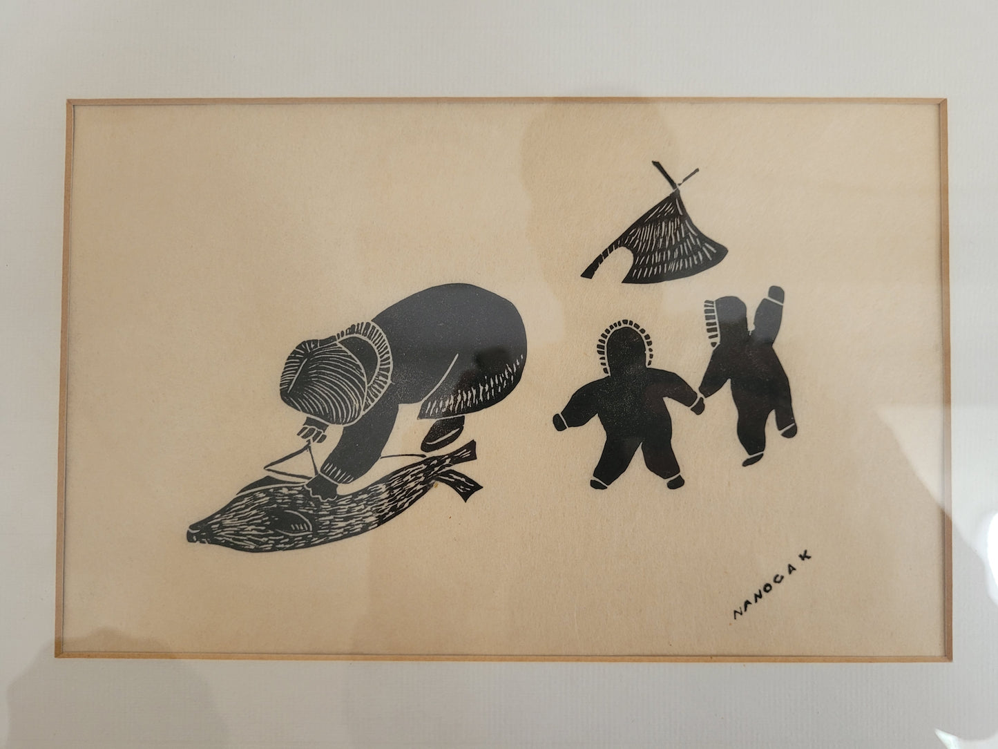 Agnes Nanogak (1925-2001) Original Grafik Alltag im Inuit-Dorf