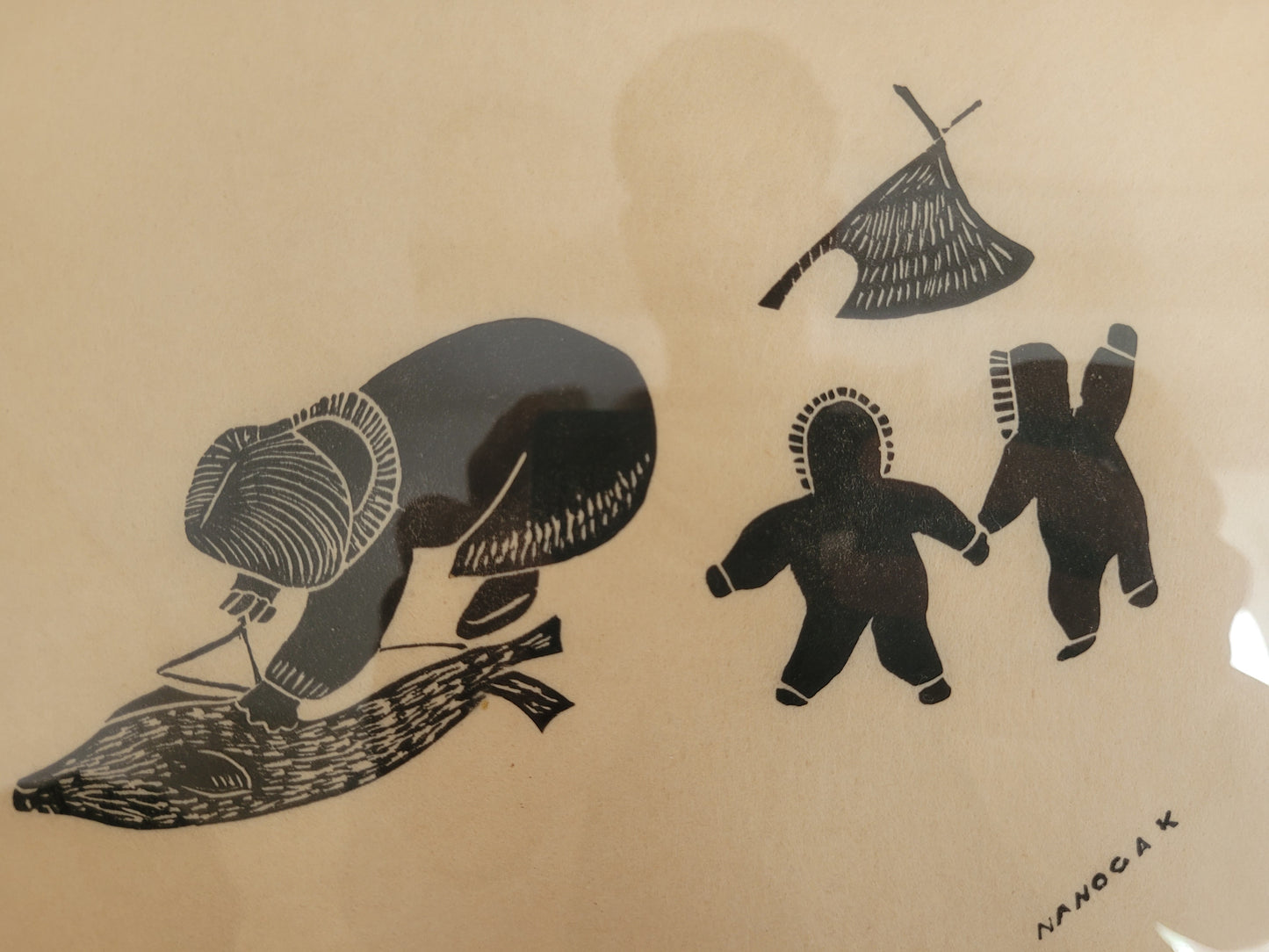 Agnes Nanogak (1925-2001) Original Grafik Alltag im Inuit-Dorf