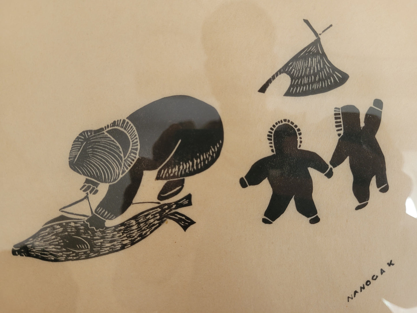 Agnes Nanogak (1925-2001) Original Grafik Alltag im Inuit-Dorf