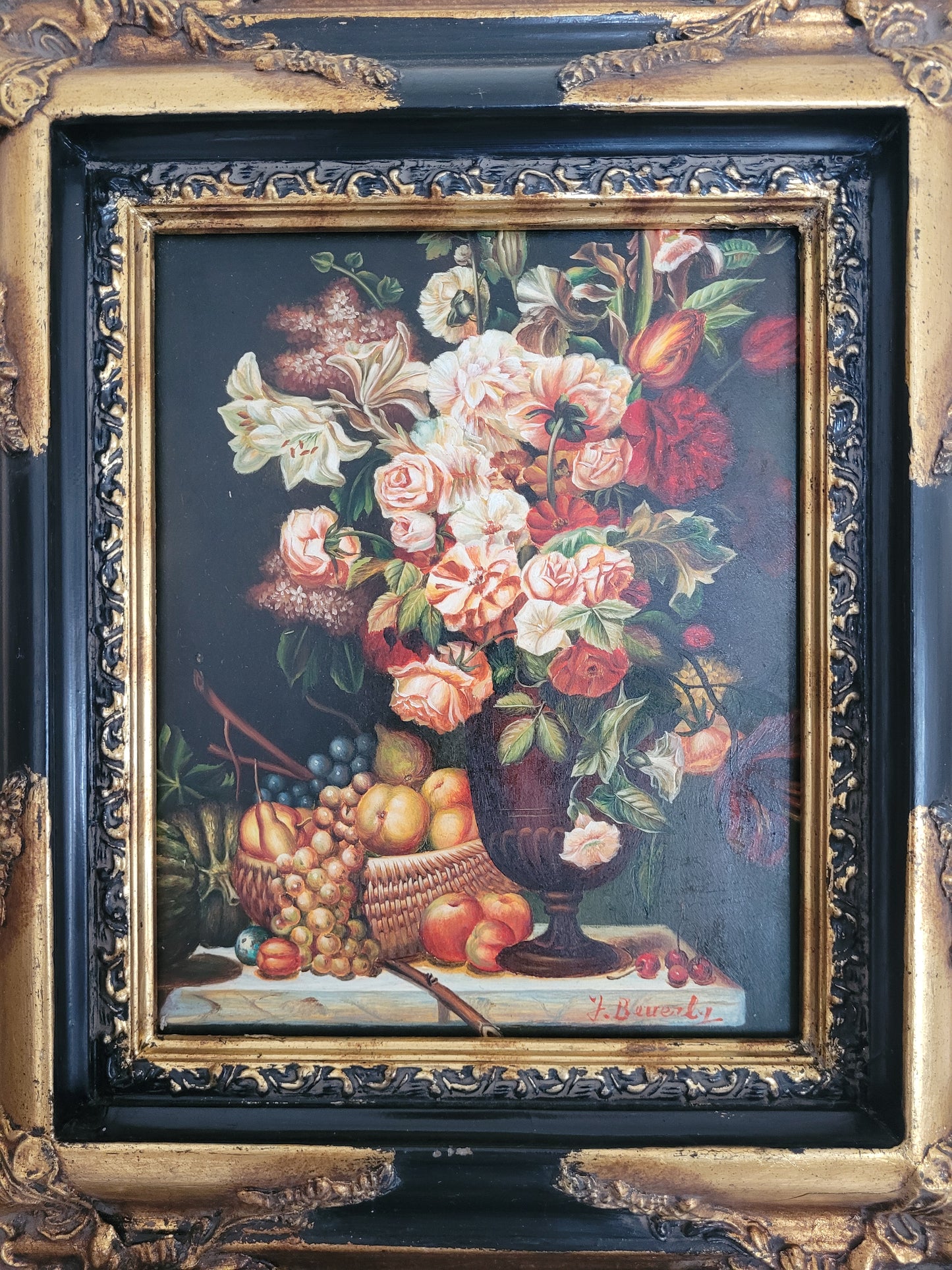 Italienische Schule (XX) Ölgemälde Stillleben Früchte und Blumen 40x33cm