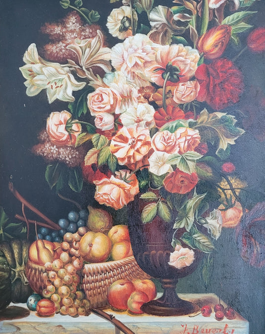 Italienische Schule (XX) Ölgemälde Stillleben Früchte und Blumen 40x33cm