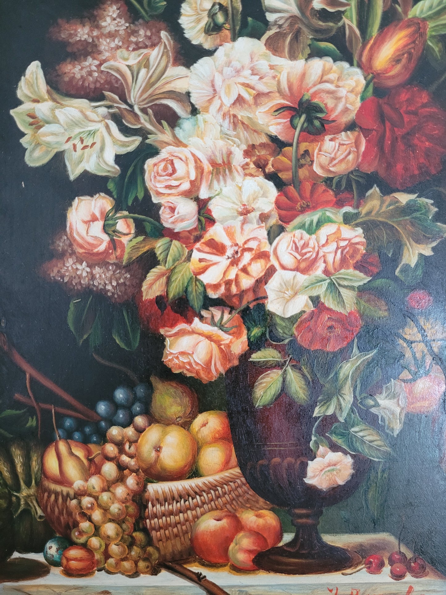 Italienische Schule (XX) Ölgemälde Stillleben Früchte und Blumen 40x33cm