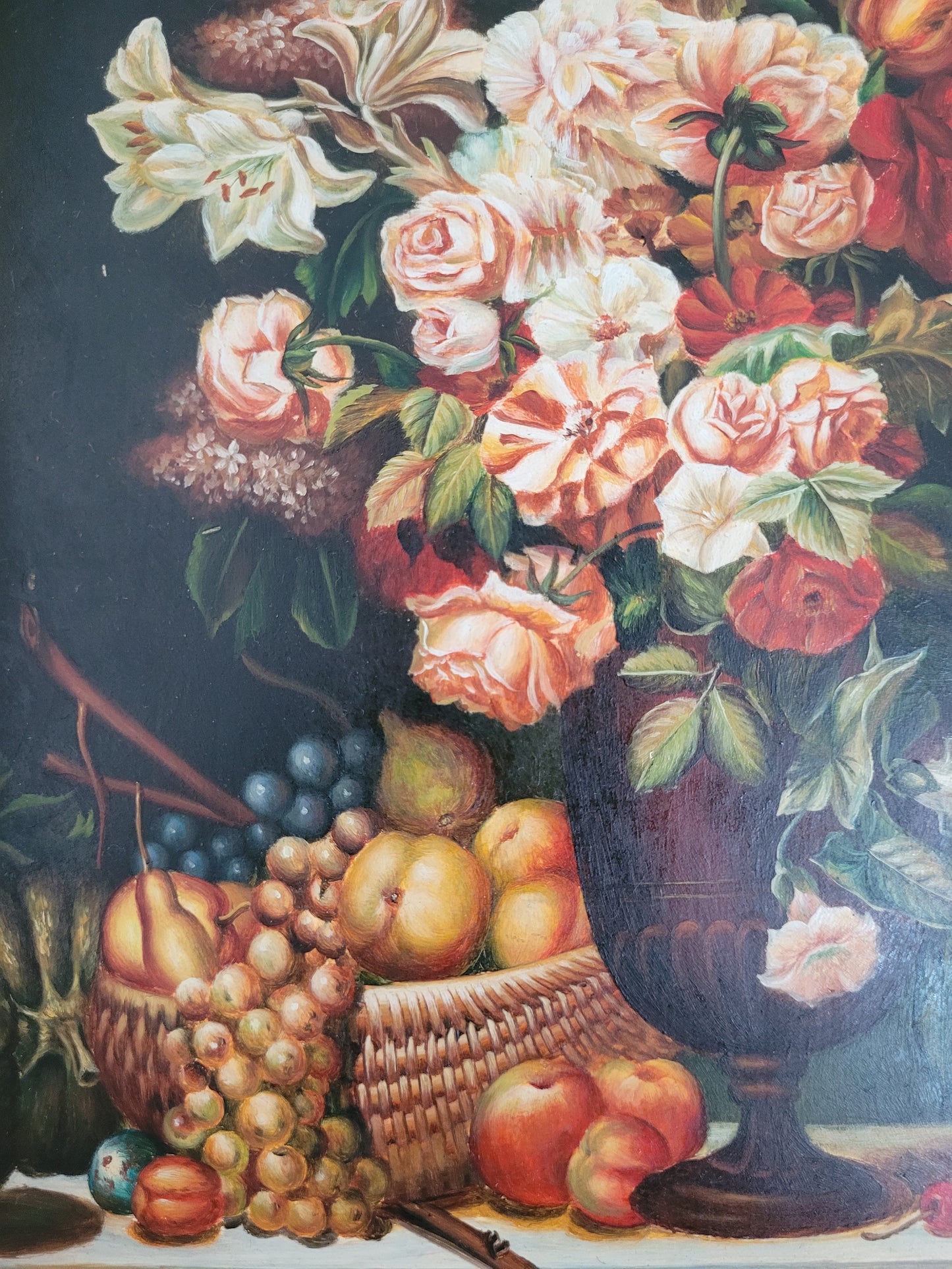 Italienische Schule (XX) Ölgemälde Stillleben Früchte und Blumen 40x33cm