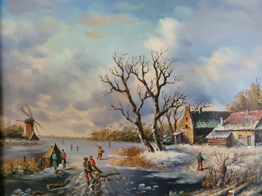 Claes, F. (XX) Ölgemälde Lebhafte Winterlandschaft 44x40cm